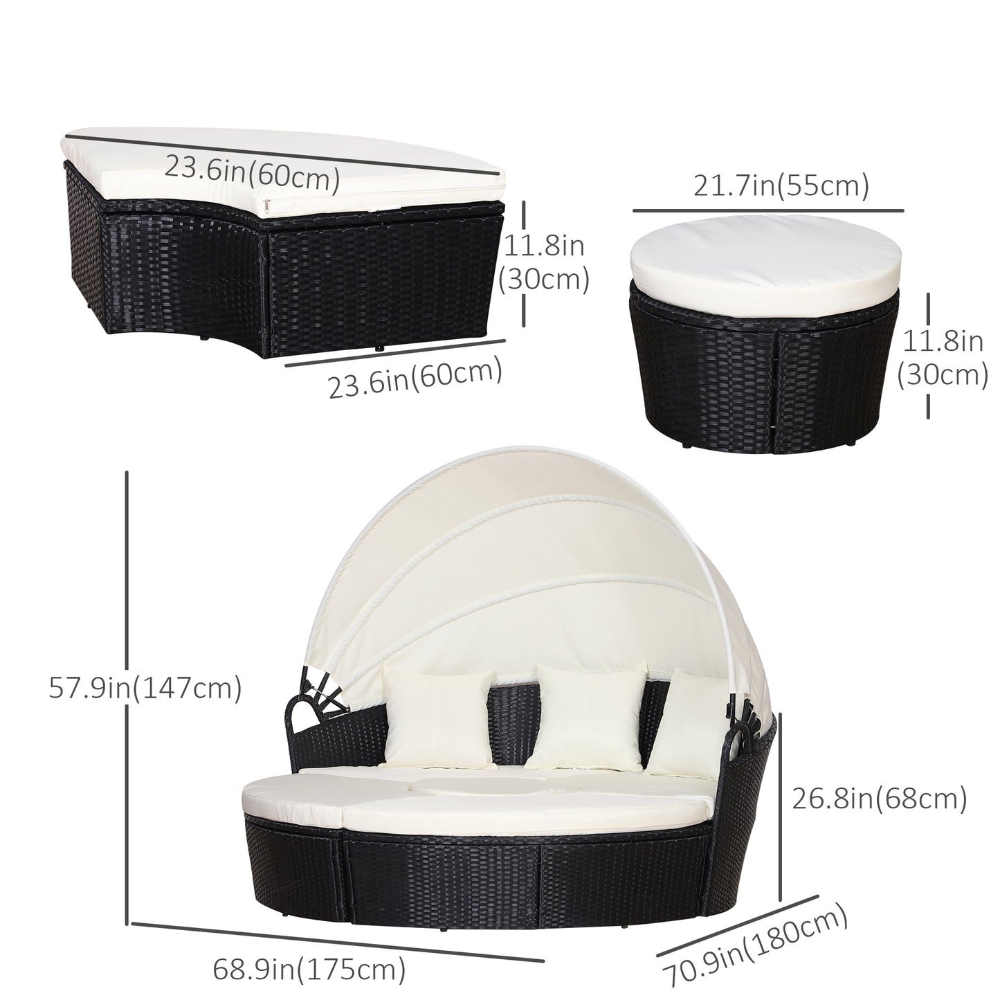 4 Pieces Outdoor Daybed with Retractable Canopy, PE Rattan Wicker Round Sofa Day Bed, Patio Sectional Conversation Furniture Set with Cushions and Pillows, Cream White