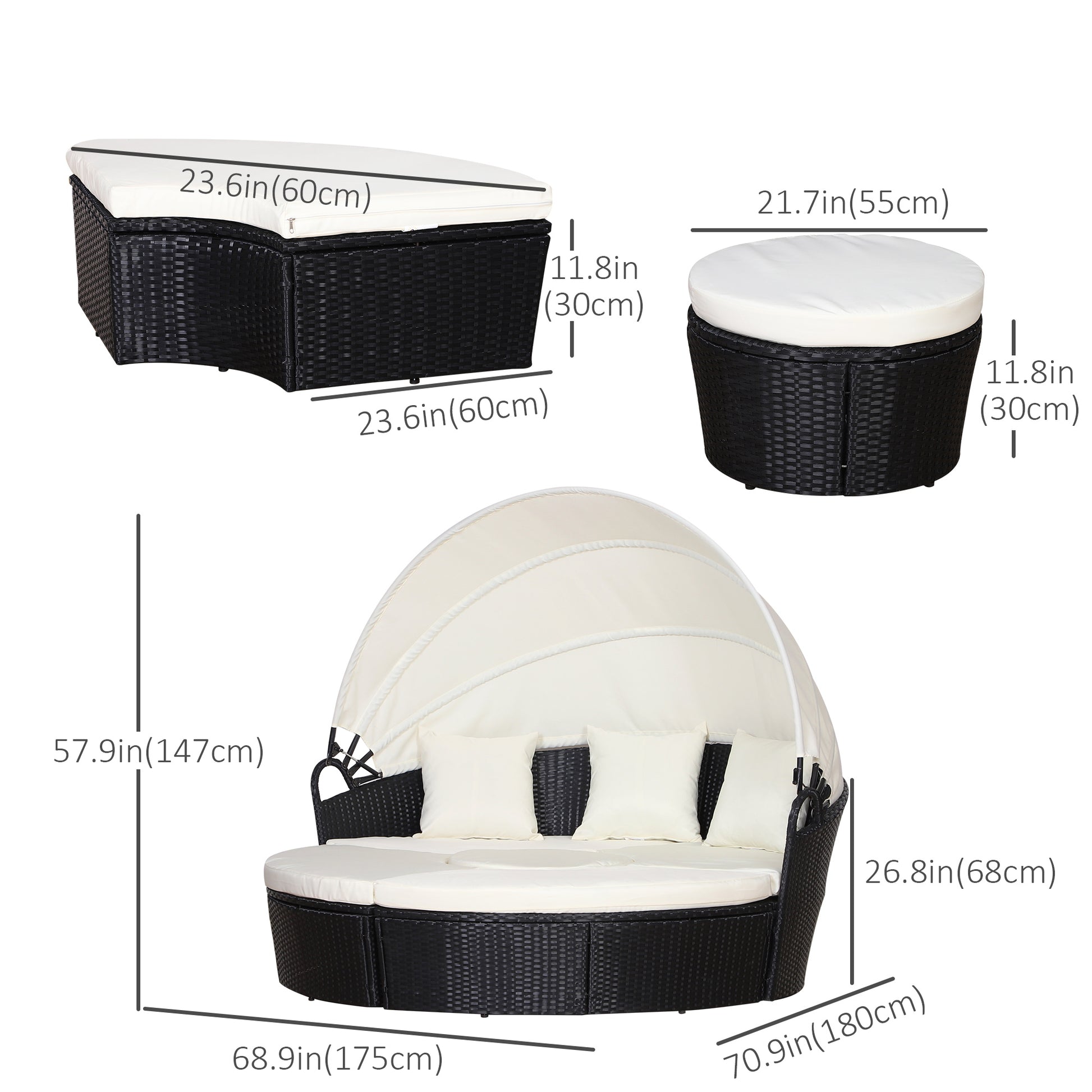 4 Pieces Outdoor Daybed with Retractable Canopy, PE Rattan Wicker Round Sofa Day Bed, Patio Sectional Conversation Furniture Set with Cushions and Pillows, Cream White