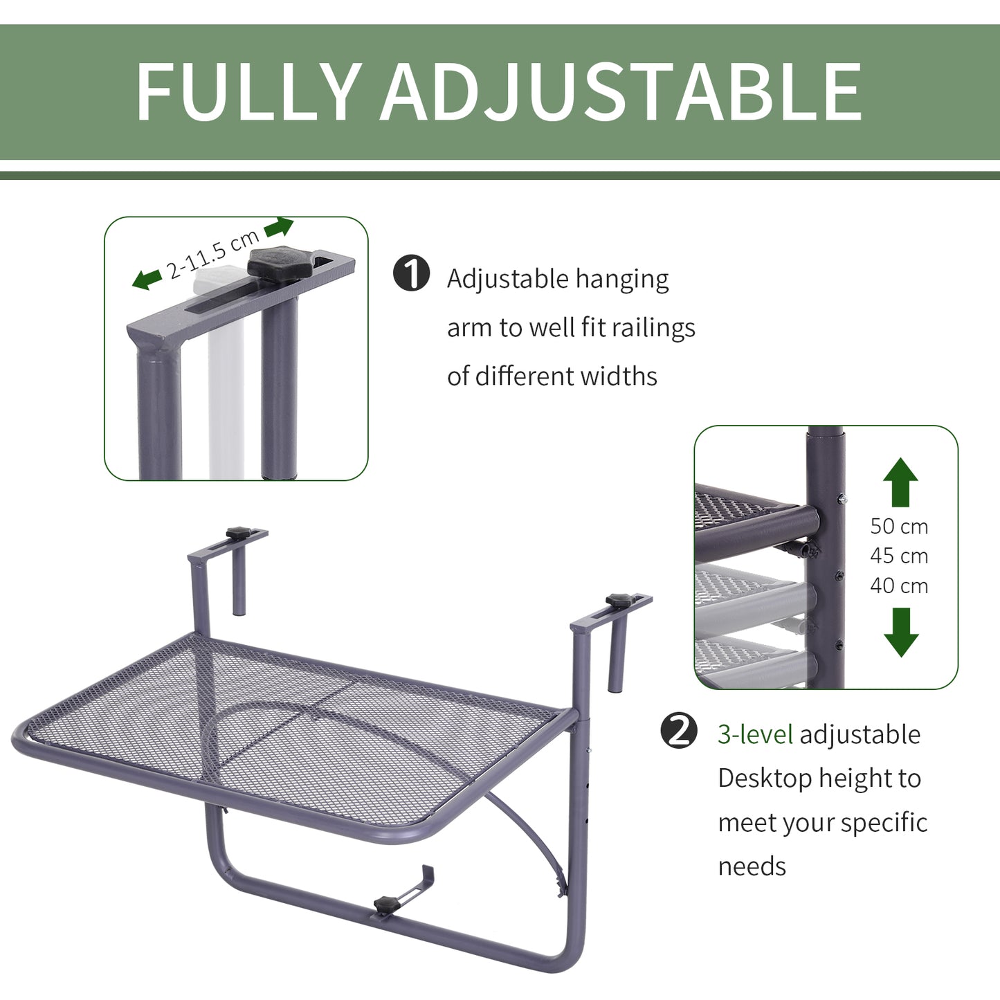 Adjustable Balcony Hanging Railing Table, Metal Mounting Mini Wall Desk Storage Rack, Outdoor Flower Stand Serving Table Rectangle, Grey