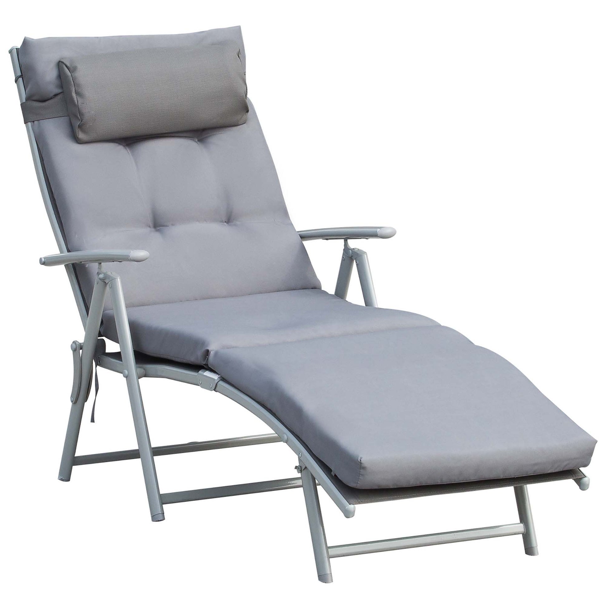 Lounge Chair Outdoor, Folding Patio Chaise Lounger, 360 lbs 7-Position Adjustable Back Outdoor Recliner with Cushion, Headrest for Garden, Backyard, Poolside, Grey