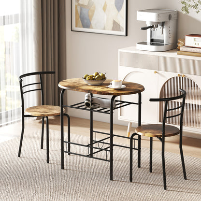 Dining Table Set of 3, Kitchen Table and Chairs Set for 2 with Shelf, Living Room Rustic Brown