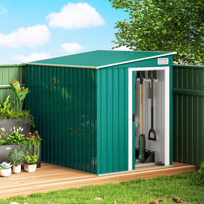 5'x7' Lean to Galvanized Metal Shed with Foundation, Garden Tool Storage House with Sliding Door and 2 Vents, Green