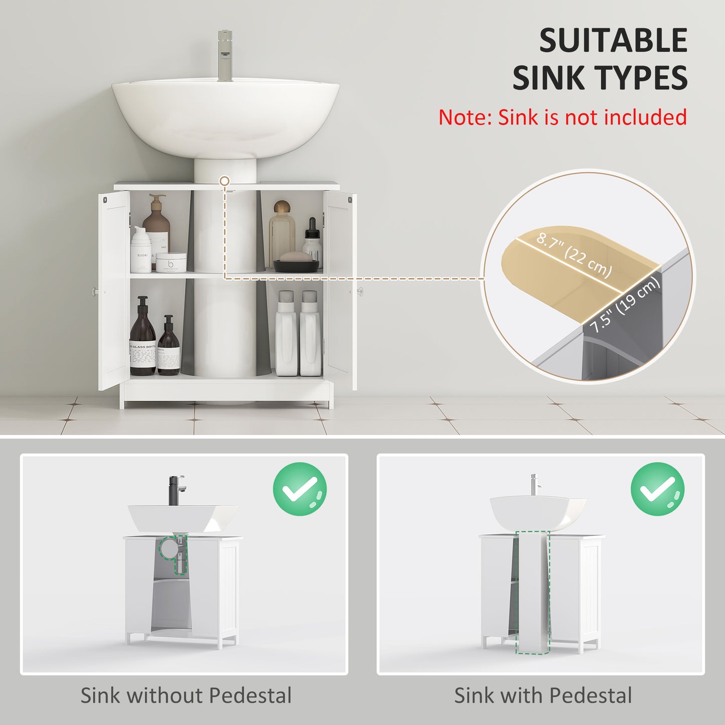 Bathroom Vanity, 24" Pedestal Sink Bathroom Vanity Furniture with 2 Doors and Shelf, White