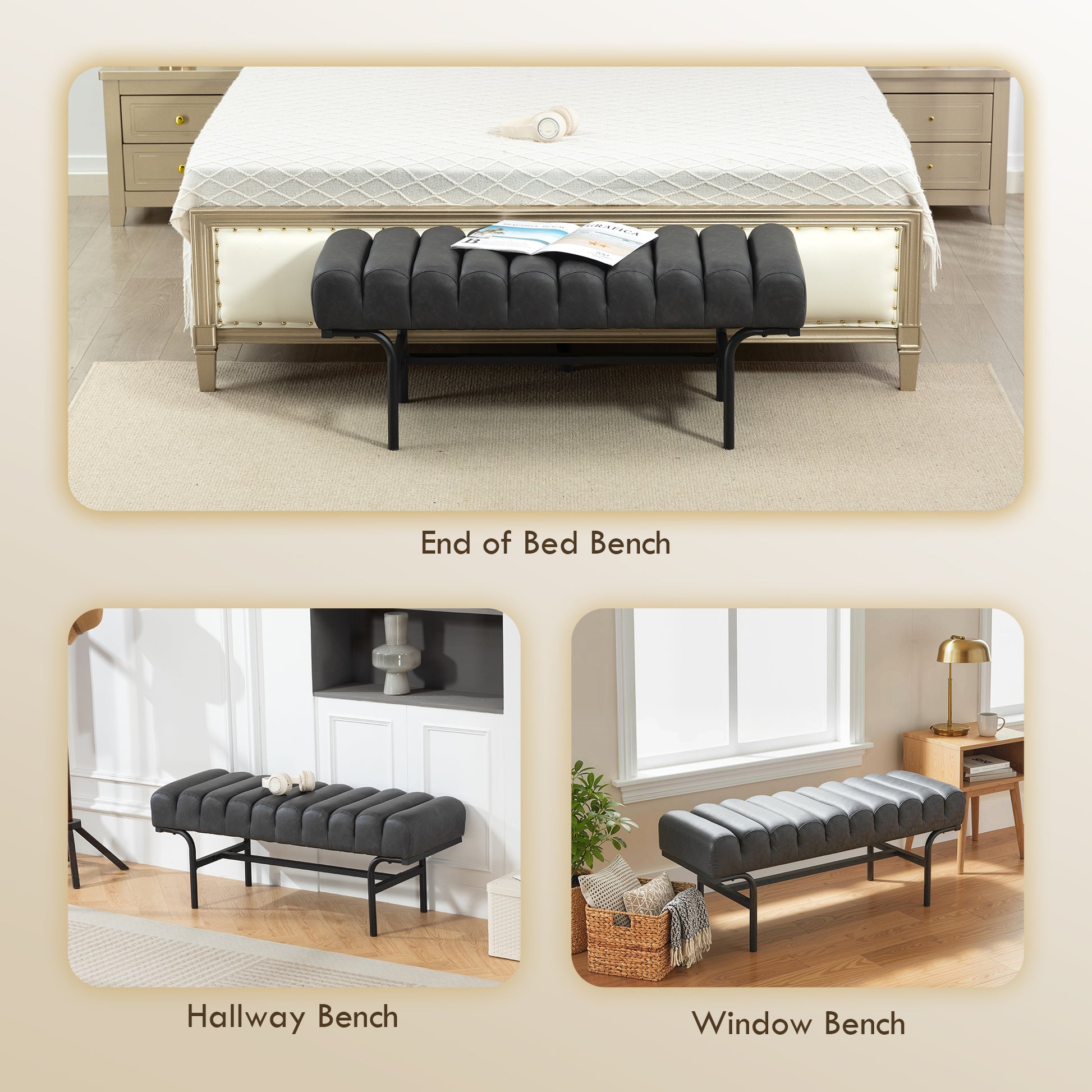 Bedroom Bench PU Leather End of Bed Bench with Cylindrical Seat and Metal Legs for Bedroom Living Room Hallway Black