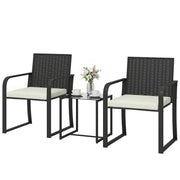 Outdoor Bistro Set, 3 Piece Wicker Patio Furniture with Mesh Seat, Glass Table, Cushions for Porch, Balcony, Cream White