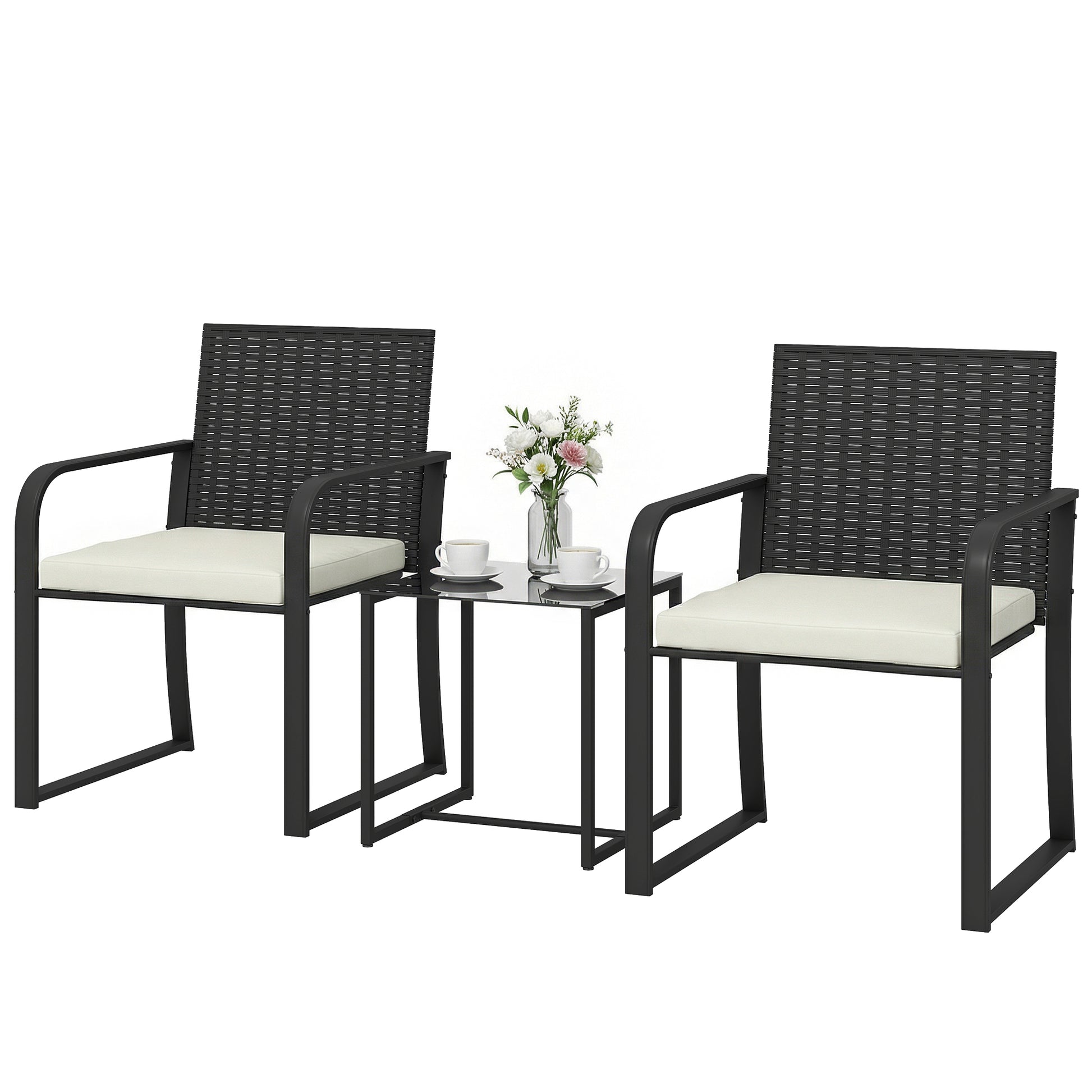 Outdoor Bistro Set, 3 Piece Wicker Patio Furniture with Mesh Seat, Glass Table, Cushions for Porch, Balcony, Cream White