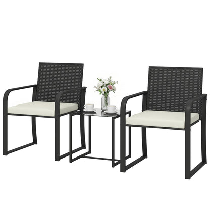 Outdoor Bistro Set, 3 Piece Wicker Patio Furniture with Mesh Seat, Glass Table, Cushions for Porch, Balcony, Cream White