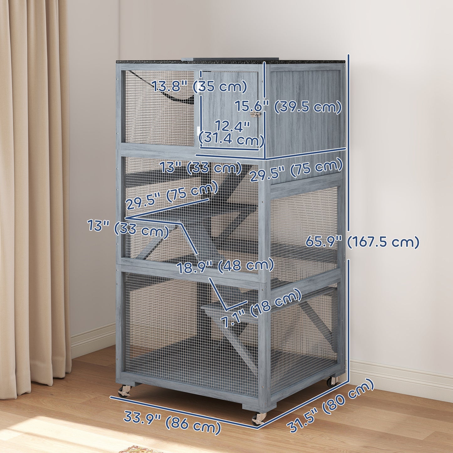 66"H Catio Outdoor Cat Enclosure on Wheels with Hammock Multiple Platforms Resting Condo Ramps for 1-3 Cats, Grey