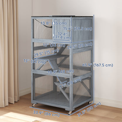 66"H Catio Outdoor Cat Enclosure on Wheels with Hammock Multiple Platforms Resting Condo Ramps for 1-3 Cats, Grey