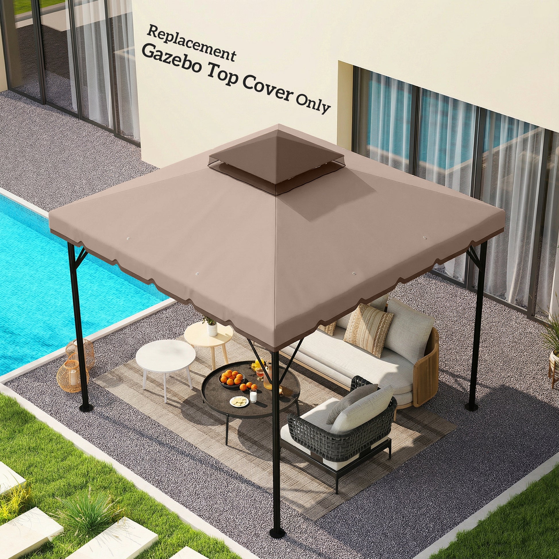10' x 10' Gazebo Canopy Replacement, Double-Tier Outdoor Gazebo Cover Top Roof, TOP ONLY, Khaki/Brown