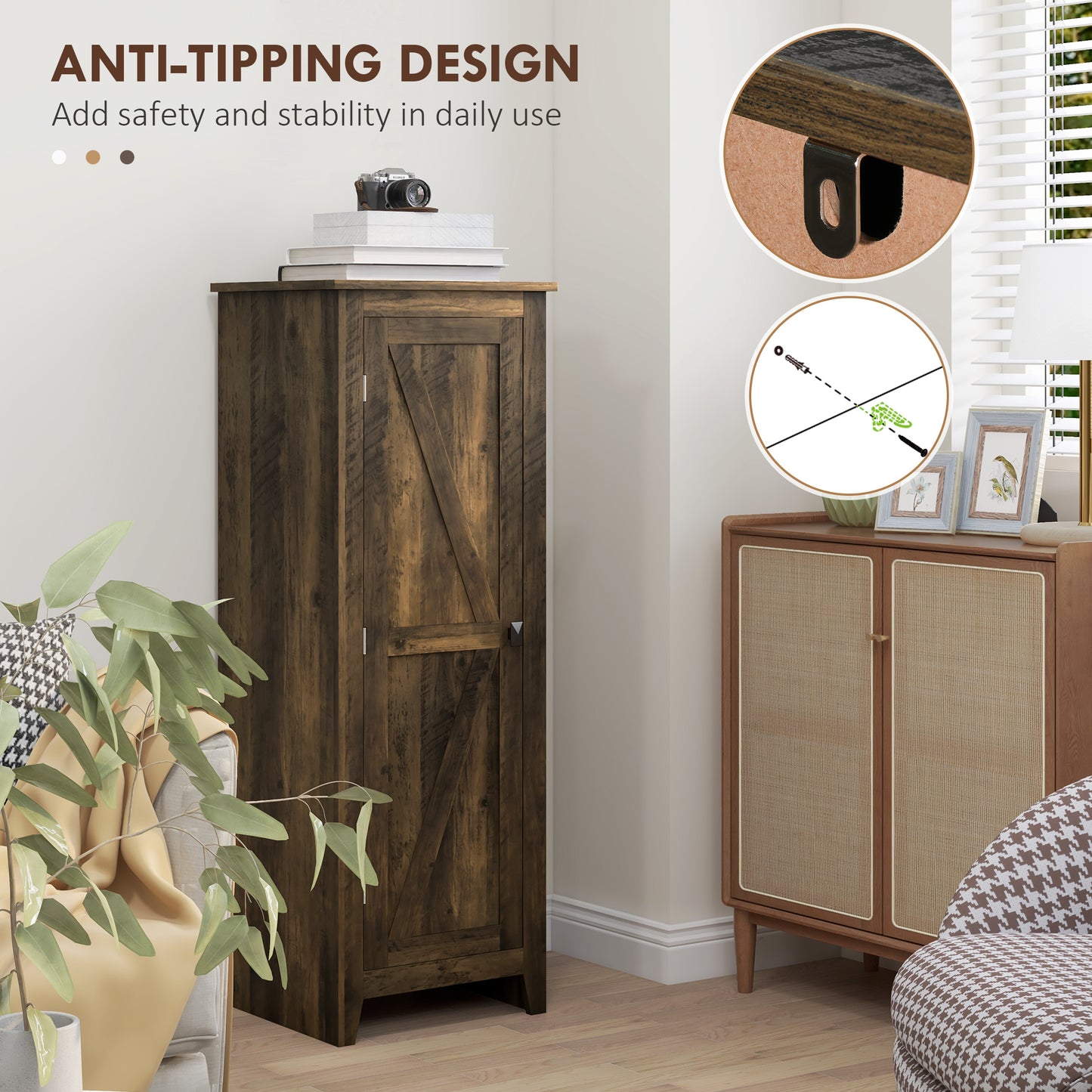 48" Farmhouse Kitchen Pantry Storage Cabinet with Barn Door, Kitchen Pantry Cabinet with Adjustable Shelves, Brown