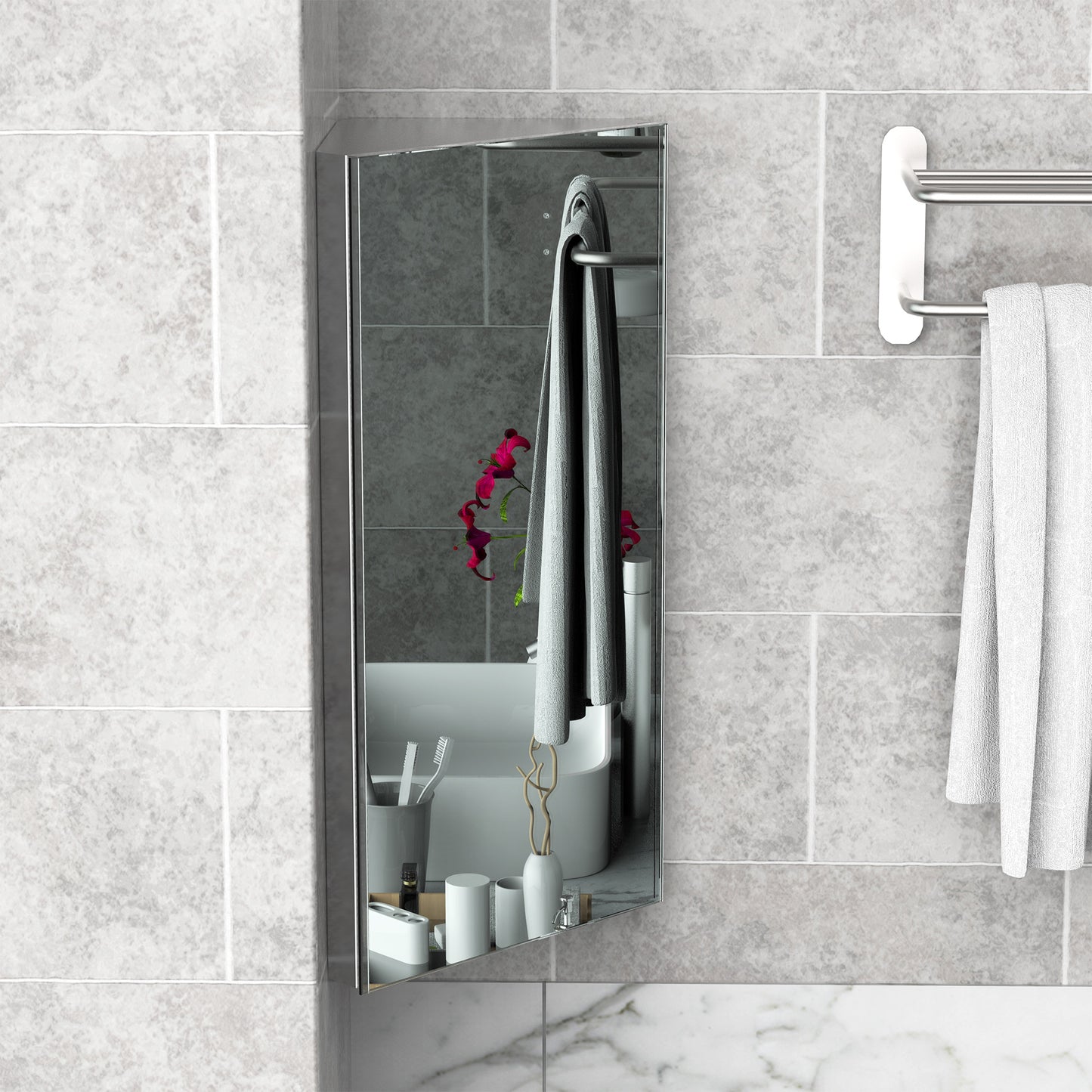 Wall mounted Bathroom Corner Mirror Storage Cabinet Stainless Steel with Single Door