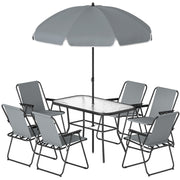 8 Piece Patio Table and Chairs Set with Folding Chairs, Tempered Glass Tabletop and Umbrella for Garden, Grey