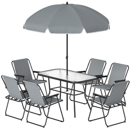 8 Piece Patio Table and Chairs Set with Folding Chairs, Tempered Glass Tabletop and Umbrella for Garden, Grey