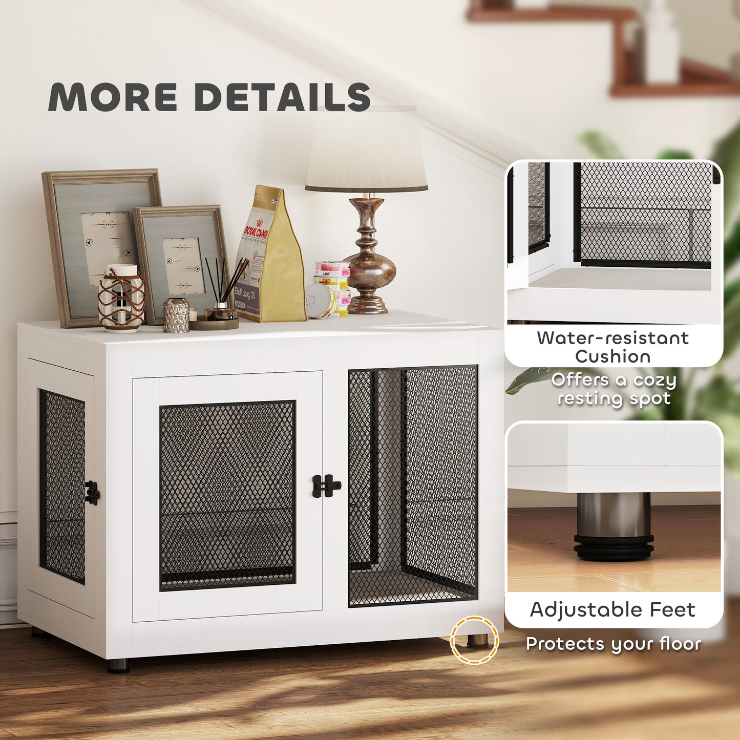 Pet Crate End Table with Water-resistant Cushion or Large Medium Dogs, White