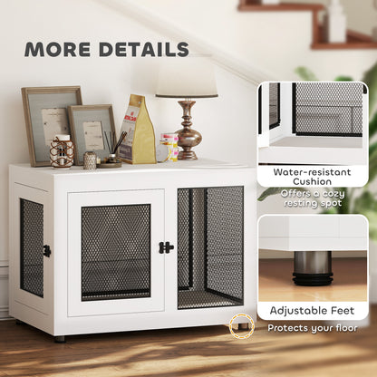 Pet Crate End Table with Water-resistant Cushion or Large Medium Dogs, White