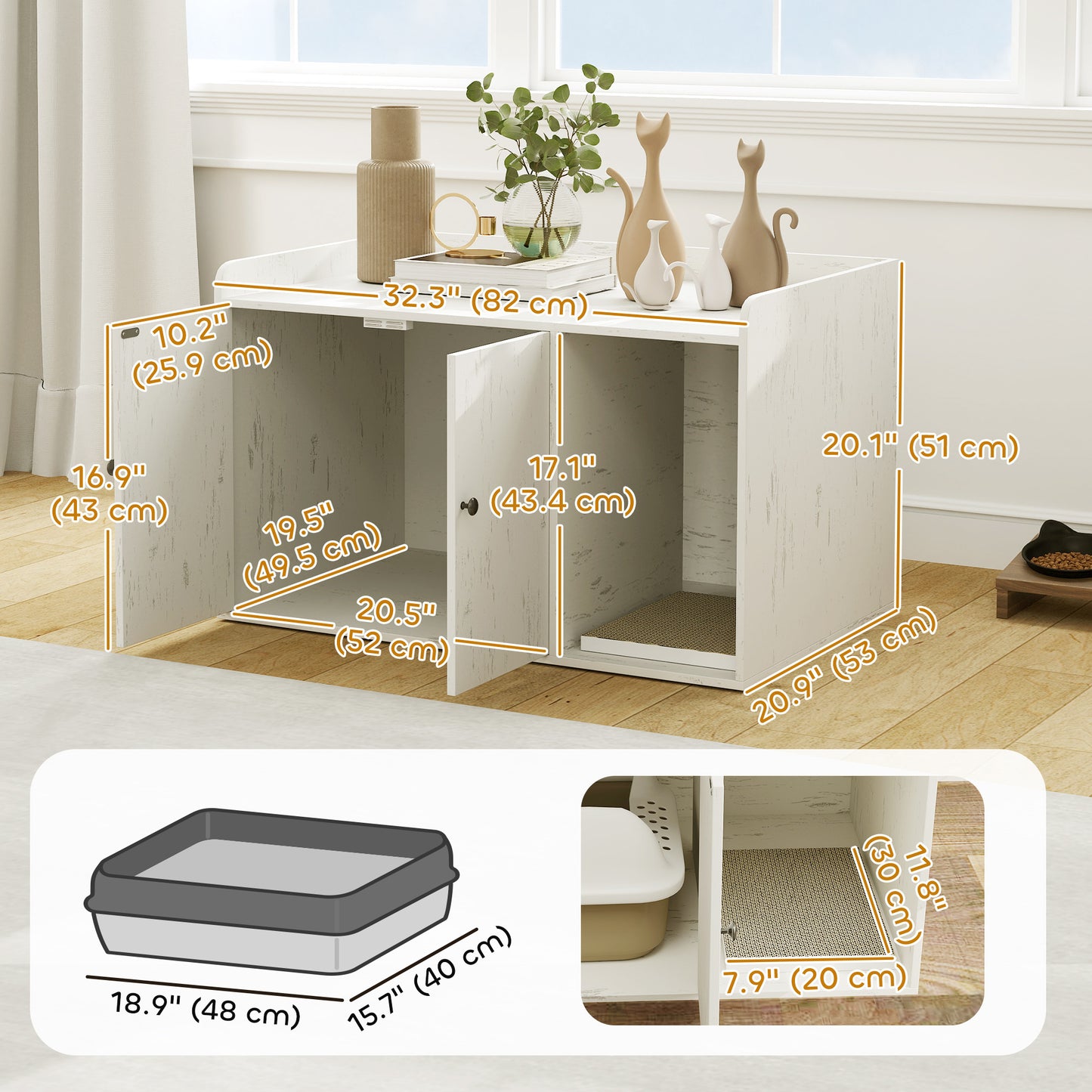 32" Cat Litter Box Enclosure with Scratching Mat, Cat Entrance, Fit Most of Cat and Litter Box, Distressed White