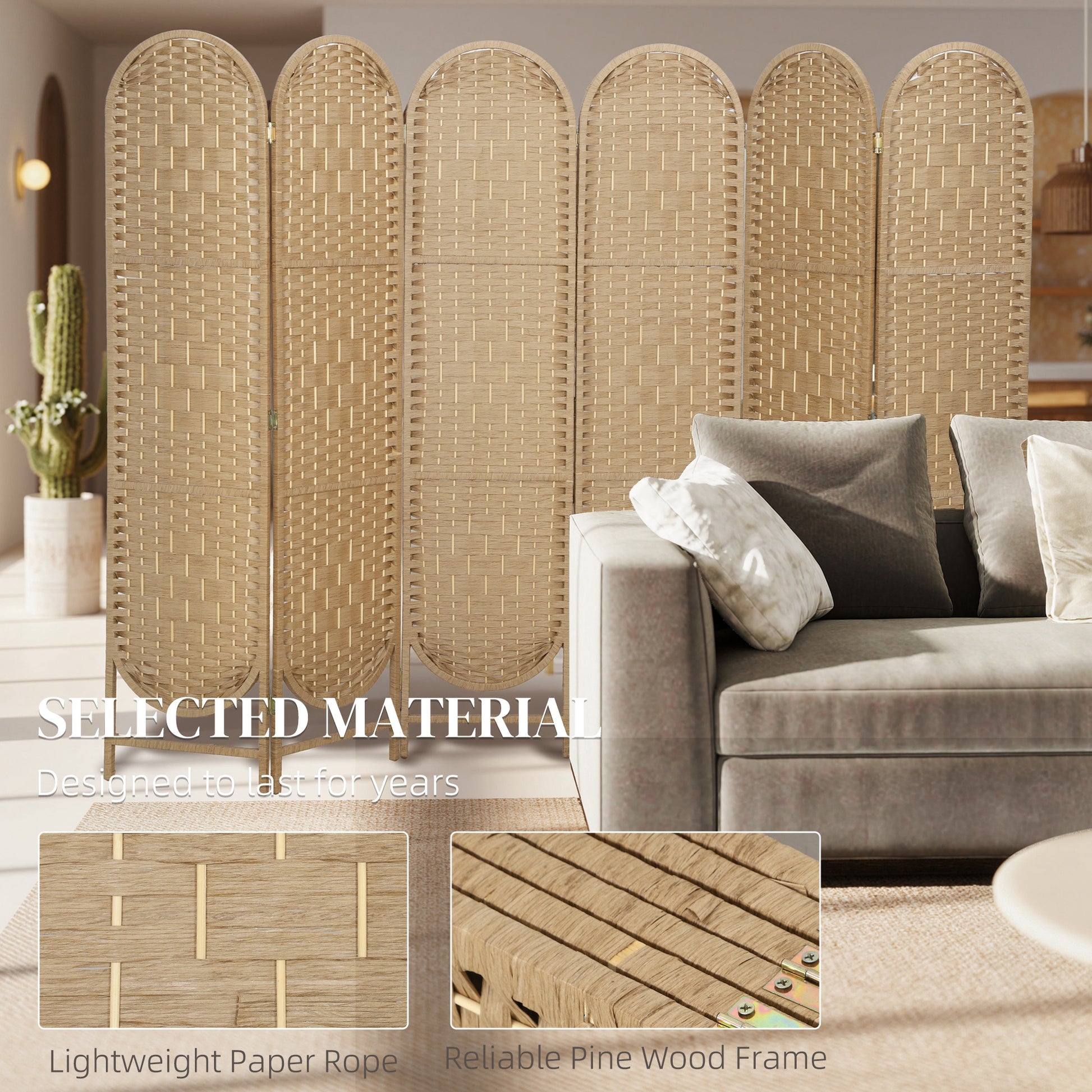 Bohemian Privacy Screen, Folding Room Divider with 6 Panels and Arched Top for Bedroom Living Room Office, Natural Wood