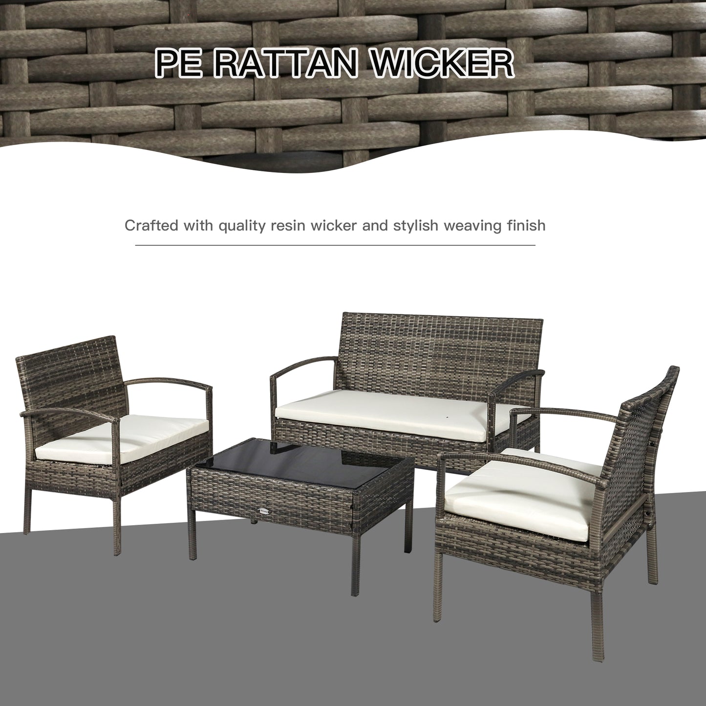4 Pieces Patio Furniture Sets with A Loveseat, Two Armchairs and A Coffee Table, Outdoor Conversation Set with Glass Top Table, Grey PE Rattan and Cream White Cushions