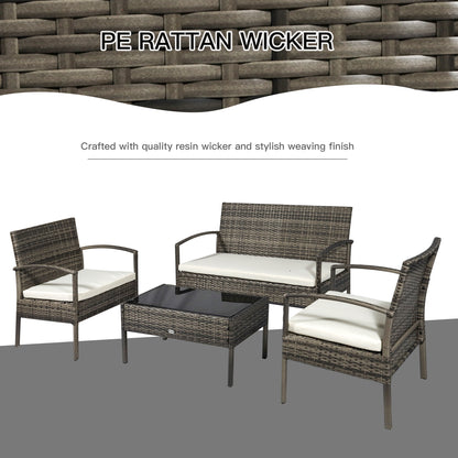 4 Pieces Patio Furniture Sets with A Loveseat, Two Armchairs and A Coffee Table, Outdoor Conversation Set with Glass Top Table, Grey PE Rattan and Cream White Cushions
