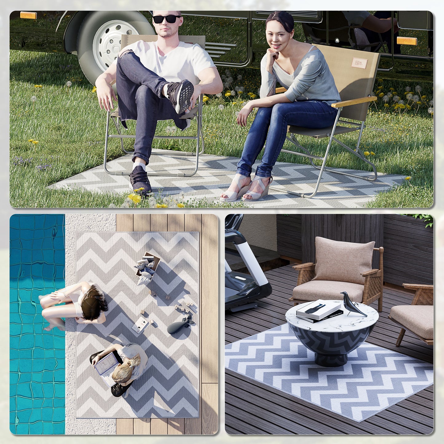Reversible Outdoor RV Rug, Patio Floor Mat, 4' x 6' Plastic Straw Rug for Backyard, Deck, Beach, Camping, Grey & White