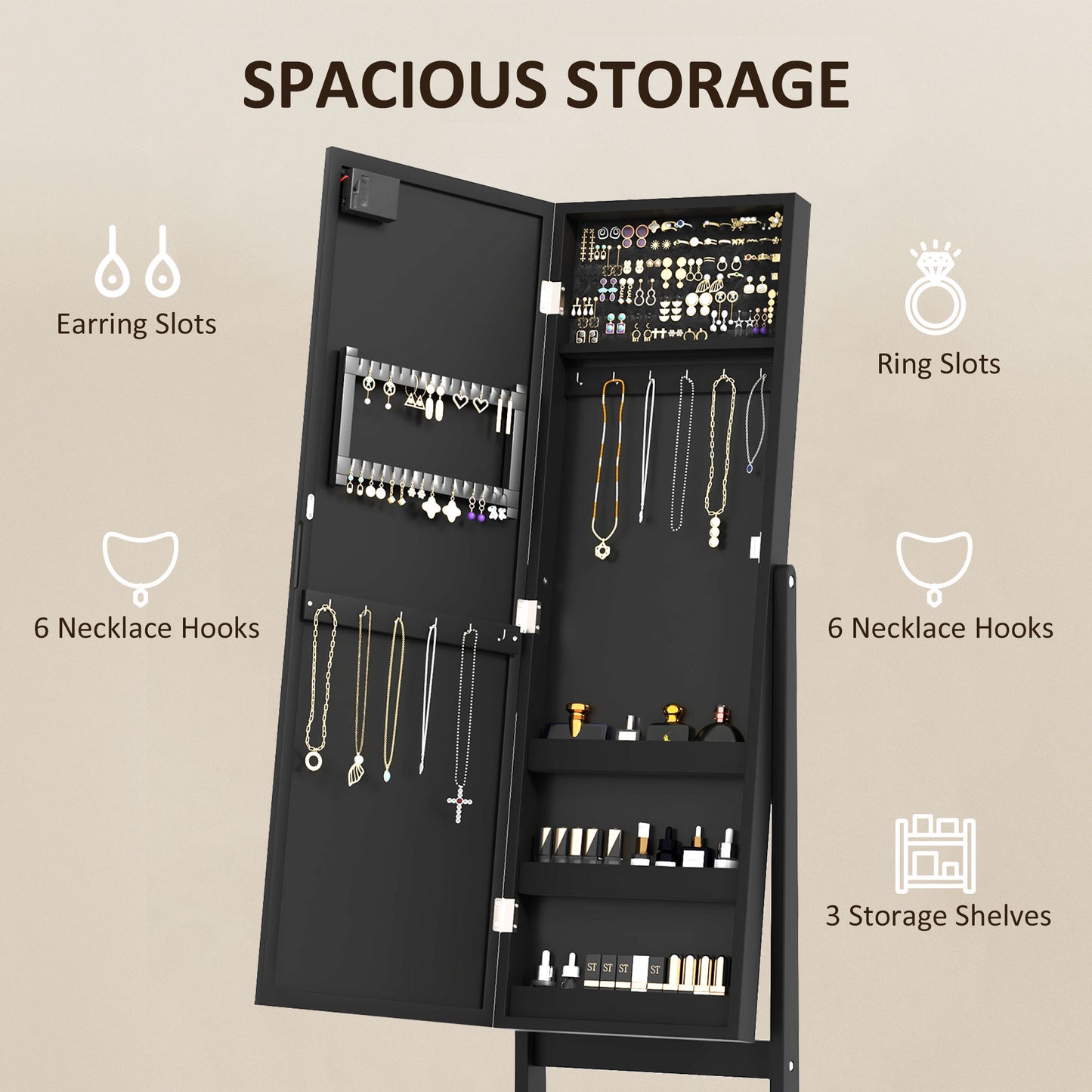 Free Standing Armoire Organizer, Lighted Mirrored Jewelry Cabinet w/ Angle Adjustable & 16 LED Lights Black