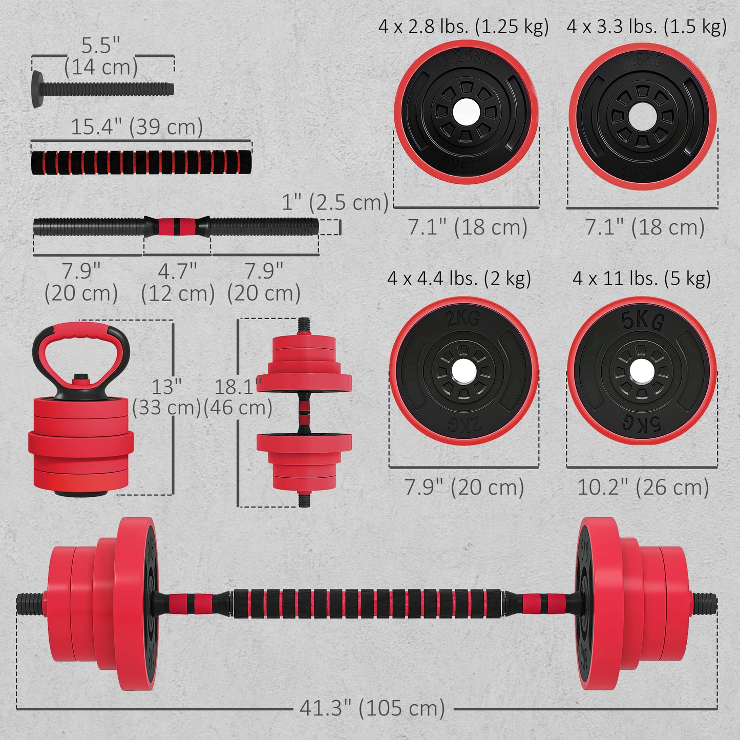 Soozier 88lbs 4-in-1 Adjustable Weight Dumbbell Set, Barbell, Kettlebell, Push Up Stand, Red