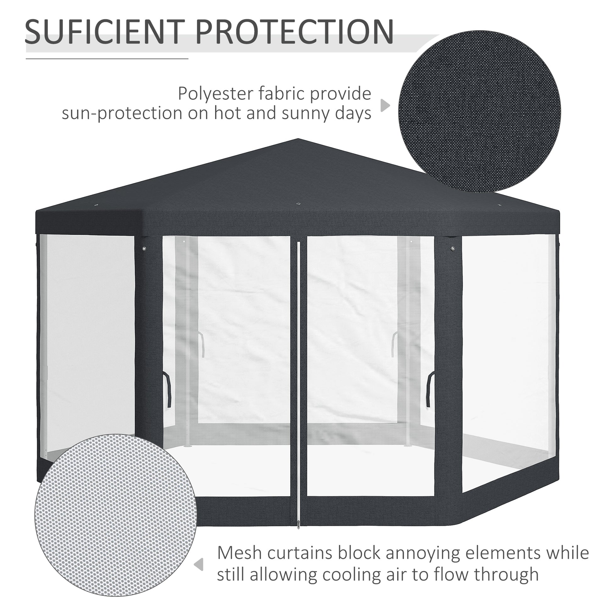 Φ13' Hexagon Party Tent Patio Gazebo Outdoor Activity Event Canopy Quick Sun Shelter Pavilion with Netting Mesh Sidewall, Dark Grey
