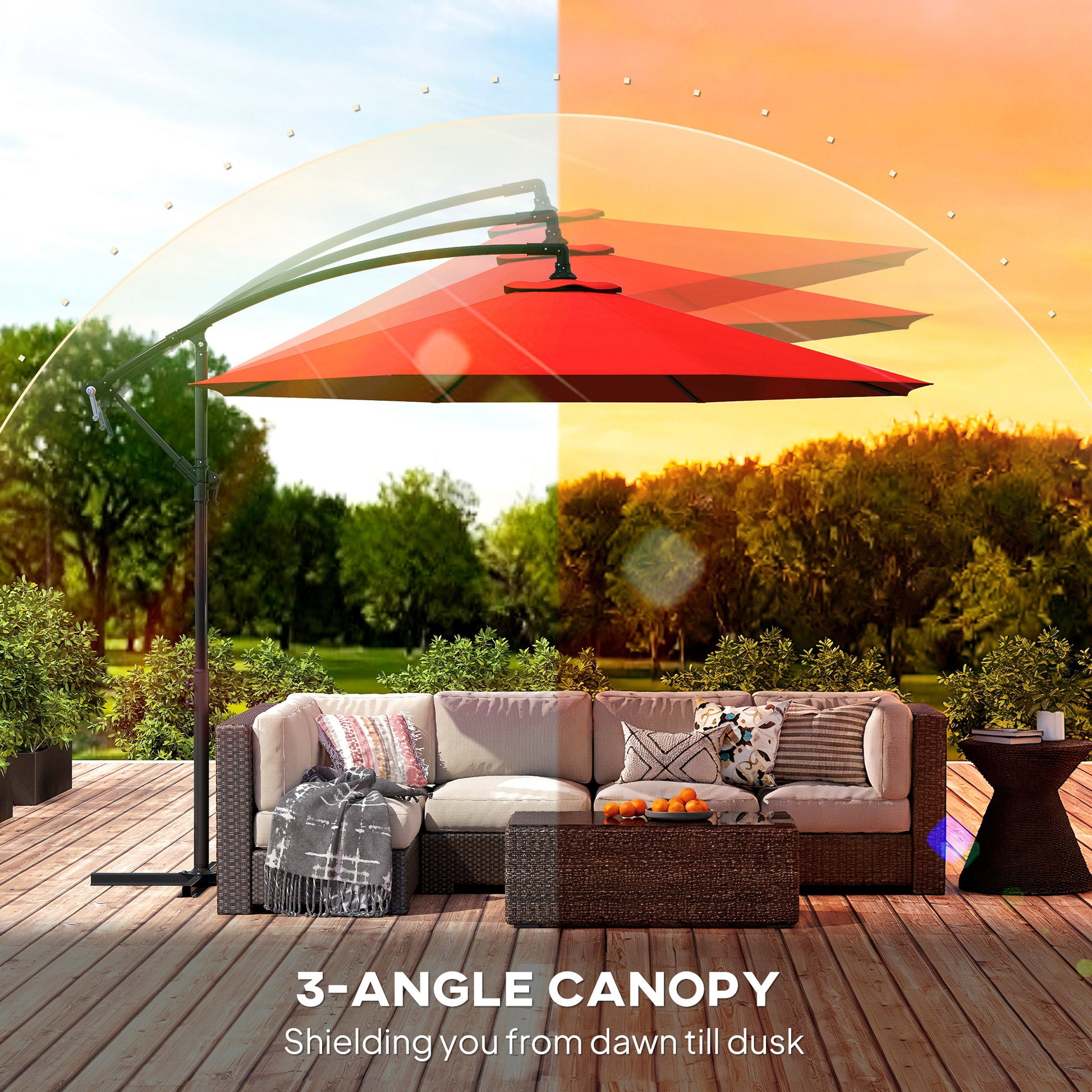 9.7ft Offset Patio UmbrellaCantilever Parasol with Crank Handle, 8 Ribs and Cross Base for Outdoor, Sun Shade, Wine Red