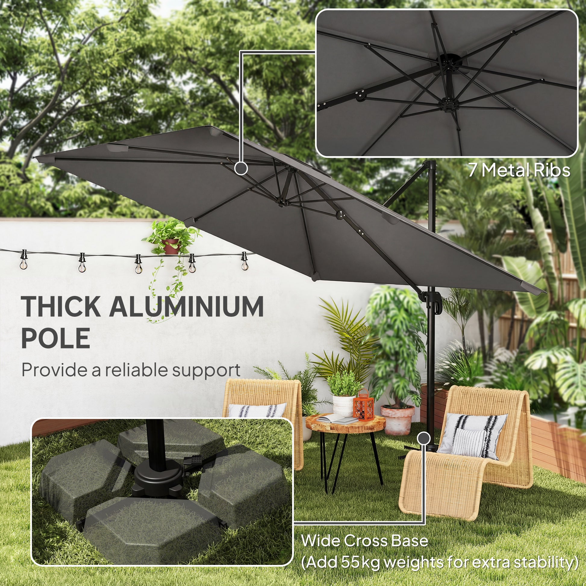 10 FT Cantilever Patio Umbrella, Square Patio Umbrella with Crank Handle, Cross Base and Tilt, 360° Rotation