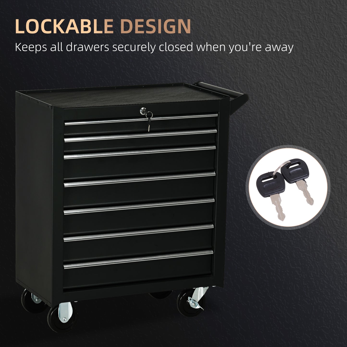 Mobile Lockable Toolbox, 7 Drawer Tool Chest, Storage Organizer with Handle for Workshop, Mechanics, Garage, Black
