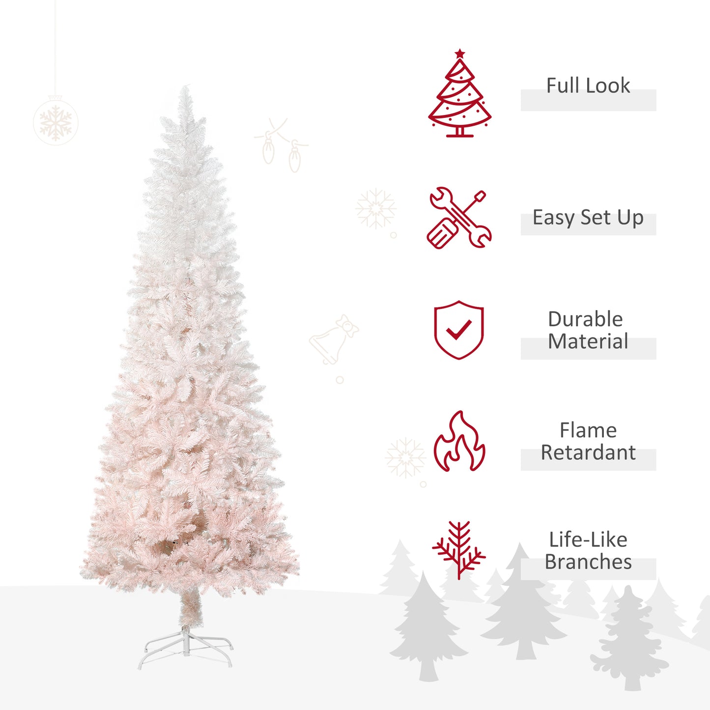 7ft Pencil Artificial Christmas Tree with Pine Realistic Branches, Auto Open, Pink and White
