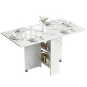 Extendable Dining Table, Collapsible Folding Table with 2-tier Shelves and Rolling Casters, Marble White