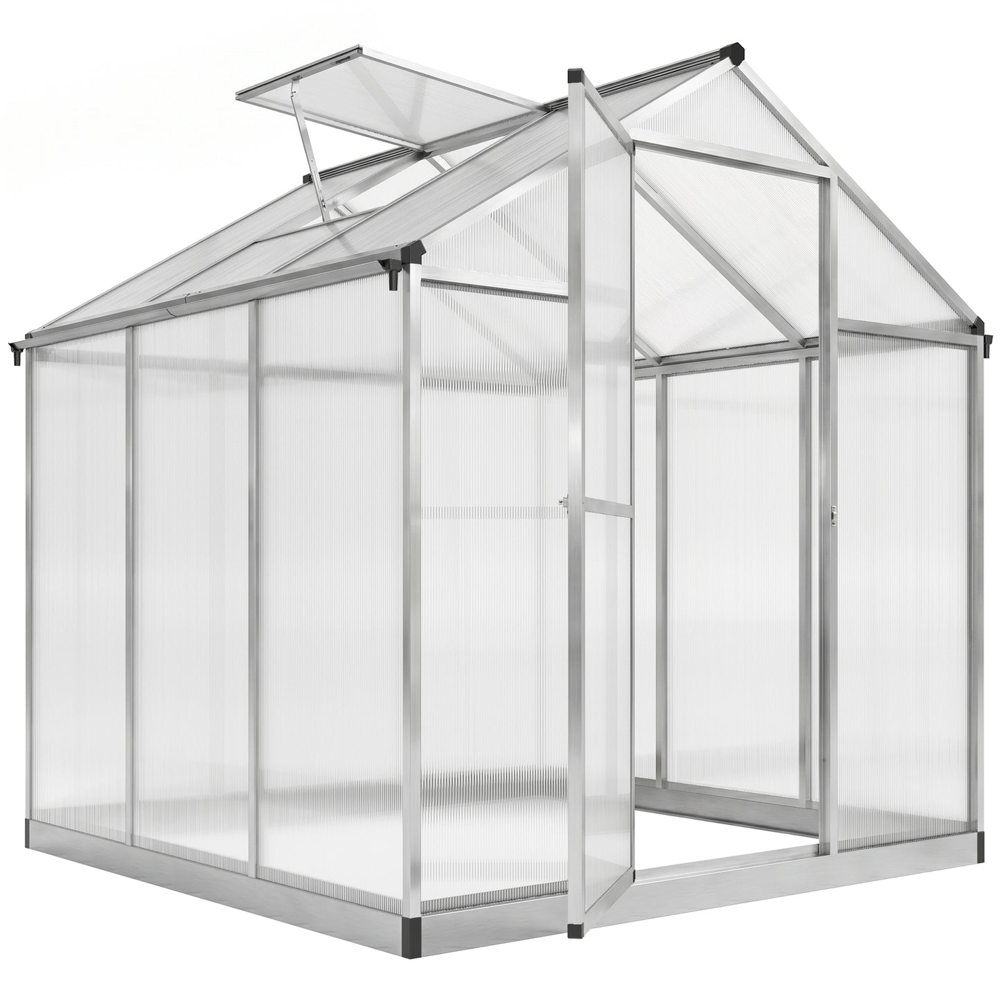6' x 8' x 6.4' Polycarbonate Greenhouse, Aluminum Walk-In Green House Kit Garden, Plants Grow with Rain Gutter and Roof Vent, Silver