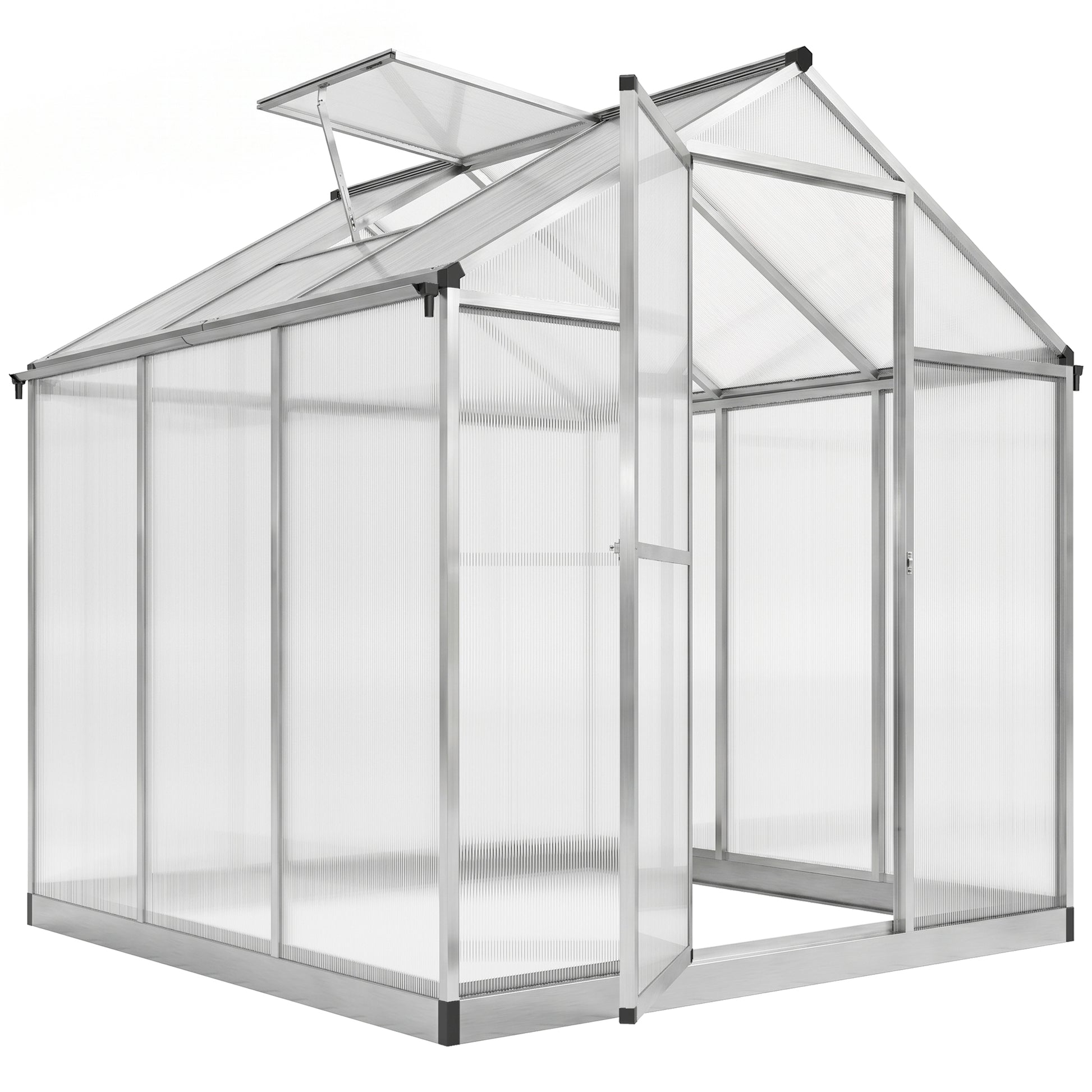 6' x 8' x 6.4' Polycarbonate Greenhouse, Aluminum Walk-In Green House Kit Garden, Plants Grow with Rain Gutter and Roof Vent, Silver