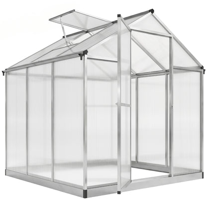 6' x 8' x 6.4' Polycarbonate Greenhouse, Aluminum Walk-In Green House Kit Garden, Plants Grow with Rain Gutter and Roof Vent, Silver