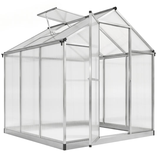 6' x 8' x 6.4' Polycarbonate Greenhouse, Aluminum Walk-In Green House Kit Garden, Plants Grow with Rain Gutter and Roof Vent, Silver