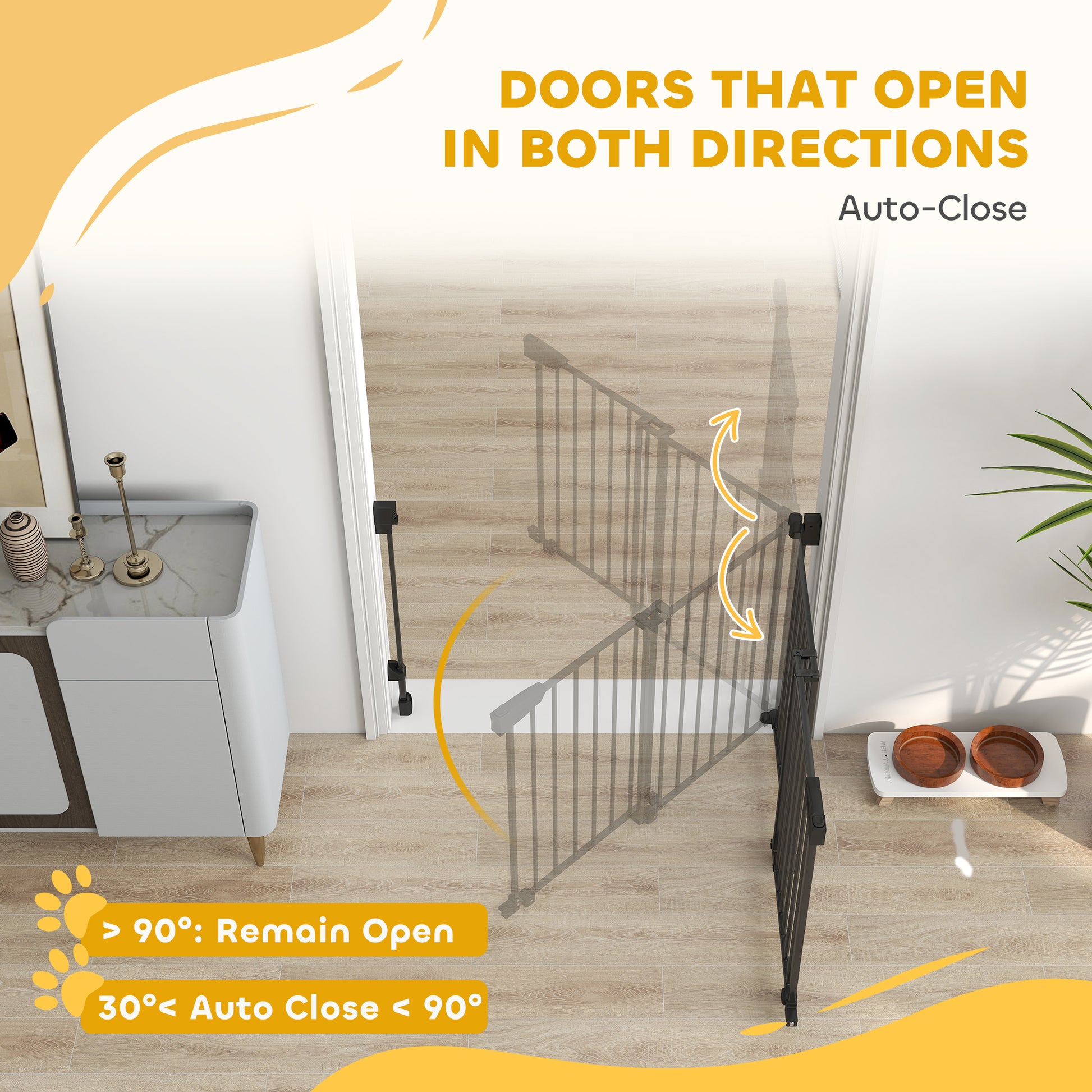 29"-44" Wide Dog Gate, 29" H, Pet Gate with Auto-Close, Single Hand Operation, Wall-Mounted, No-Threshold Design