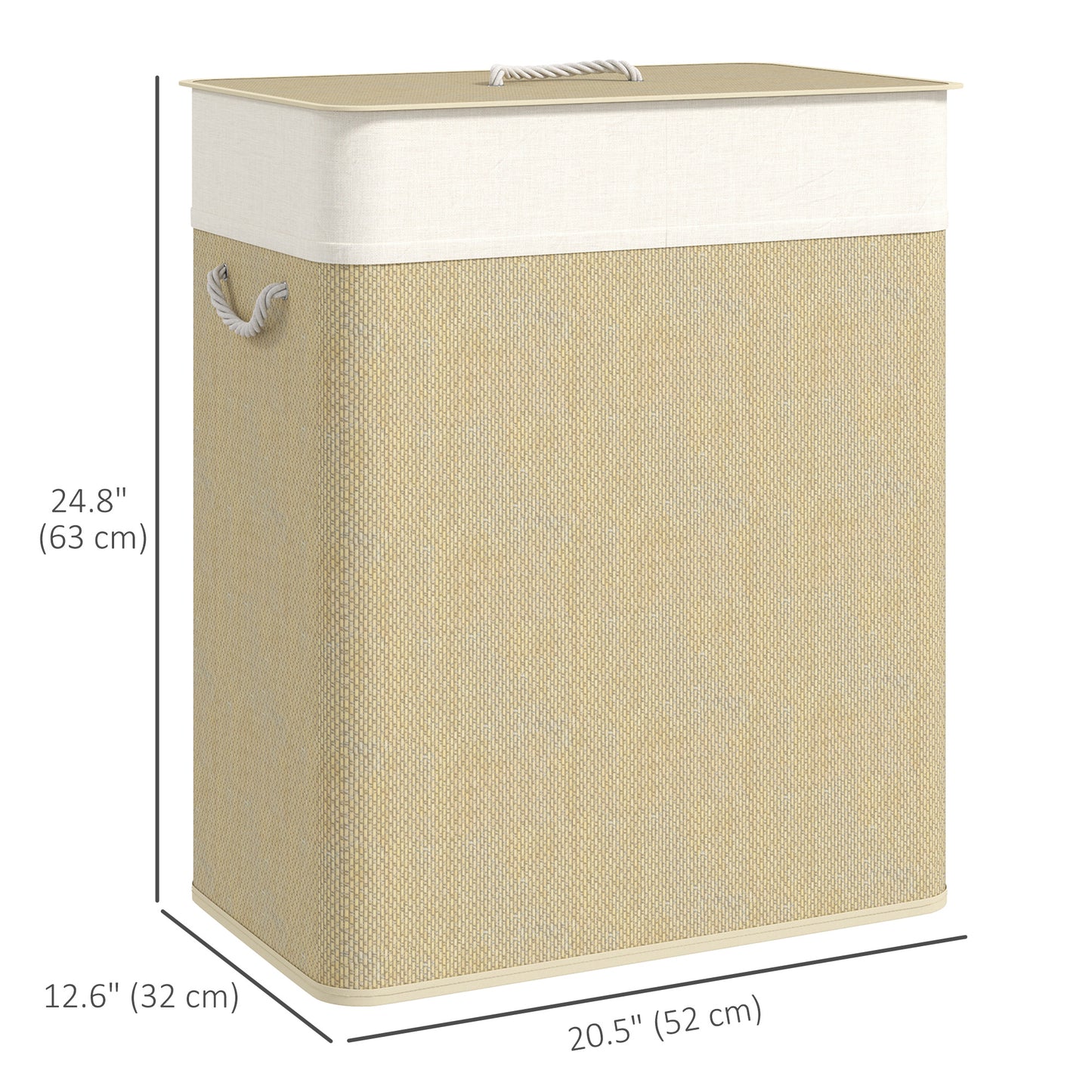 Double Laundry Basket with Lid, 100L Bamboo Laundry Hamper with Rope Handles and Removable Bags, Natural