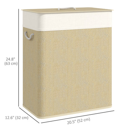 Double Laundry Basket with Lid, 100L Bamboo Laundry Hamper with Rope Handles and Removable Bags, Natural