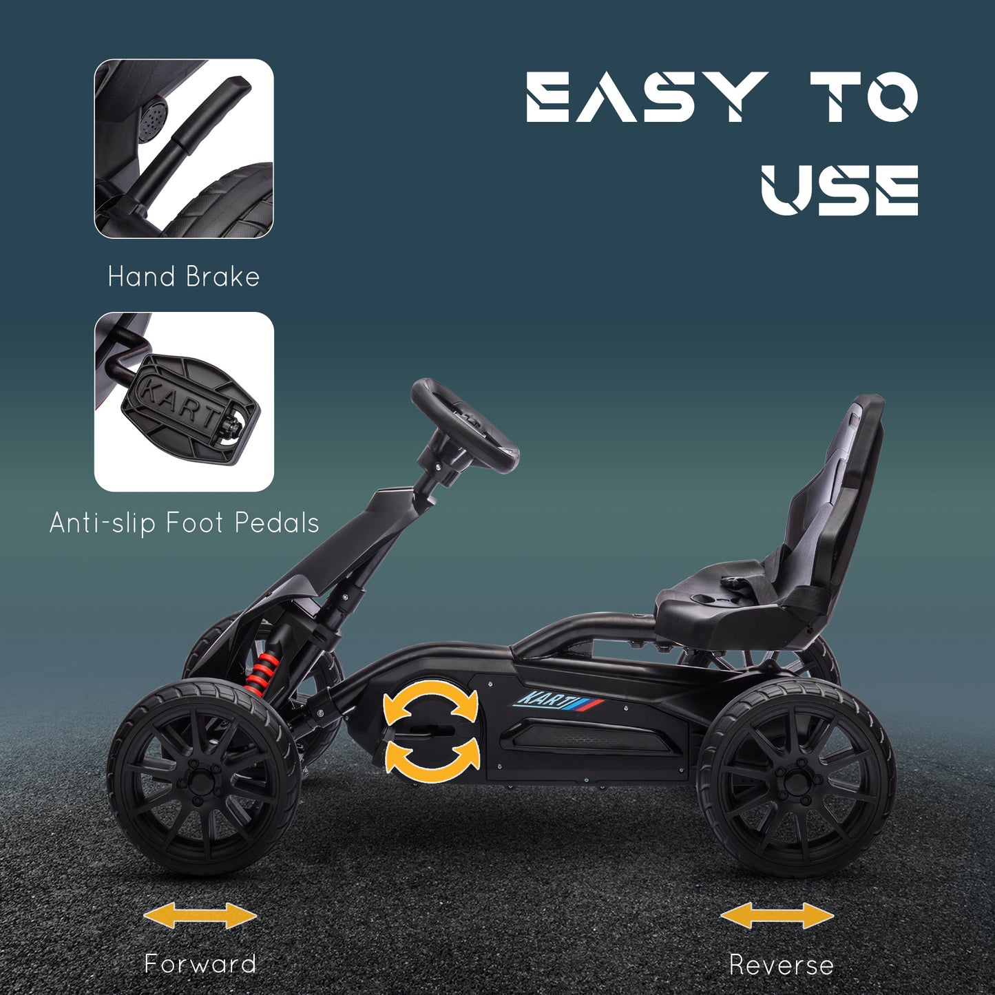 Aosom Pedal Go Kart with Adjustable Seat, Forward, Backward, Handbrake, Shock Absorption for 3-8 Years, Black
