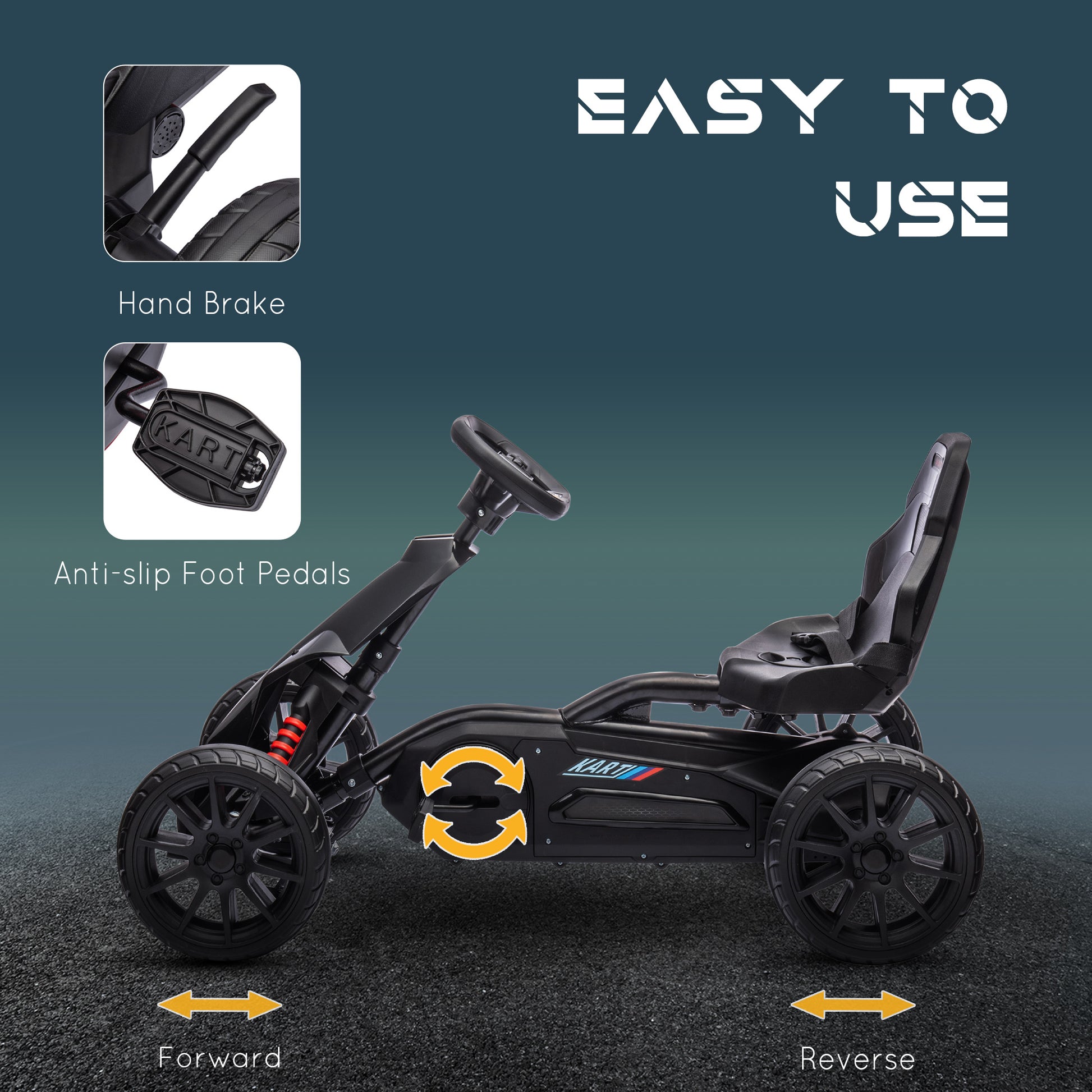 Aosom Pedal Go Kart with Adjustable Seat, Forward, Backward, Handbrake, Shock Absorption for 3-8 Years, Black