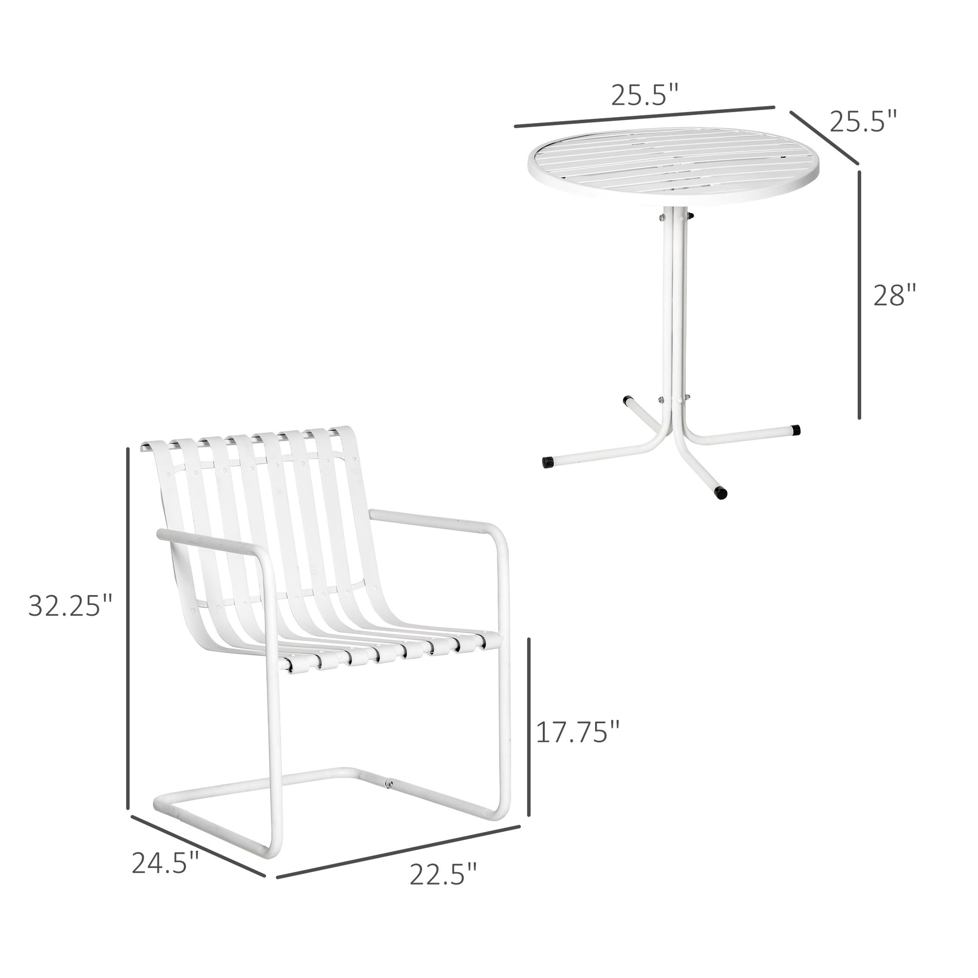 3 Pieces Patio Bistro Set, Metal Frame Garden Coffee Table Set with 2 Chairs & Round Table for Outdoor Yard Porch Poolside Balcony, White