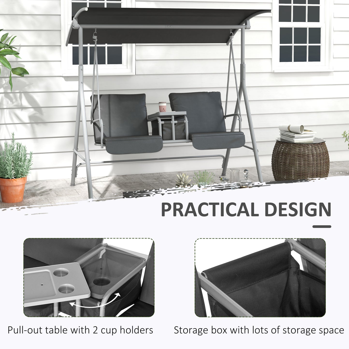 2-Seater Outdoor Porch Swing with Adjustable Canopy and Table, Patio Swing Chair for Garden, Poolside, Backyard, Grey