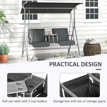 2-Seater Outdoor Porch Swing with Adjustable Canopy and Table, Patio Swing Chair for Garden, Poolside, Backyard, Grey