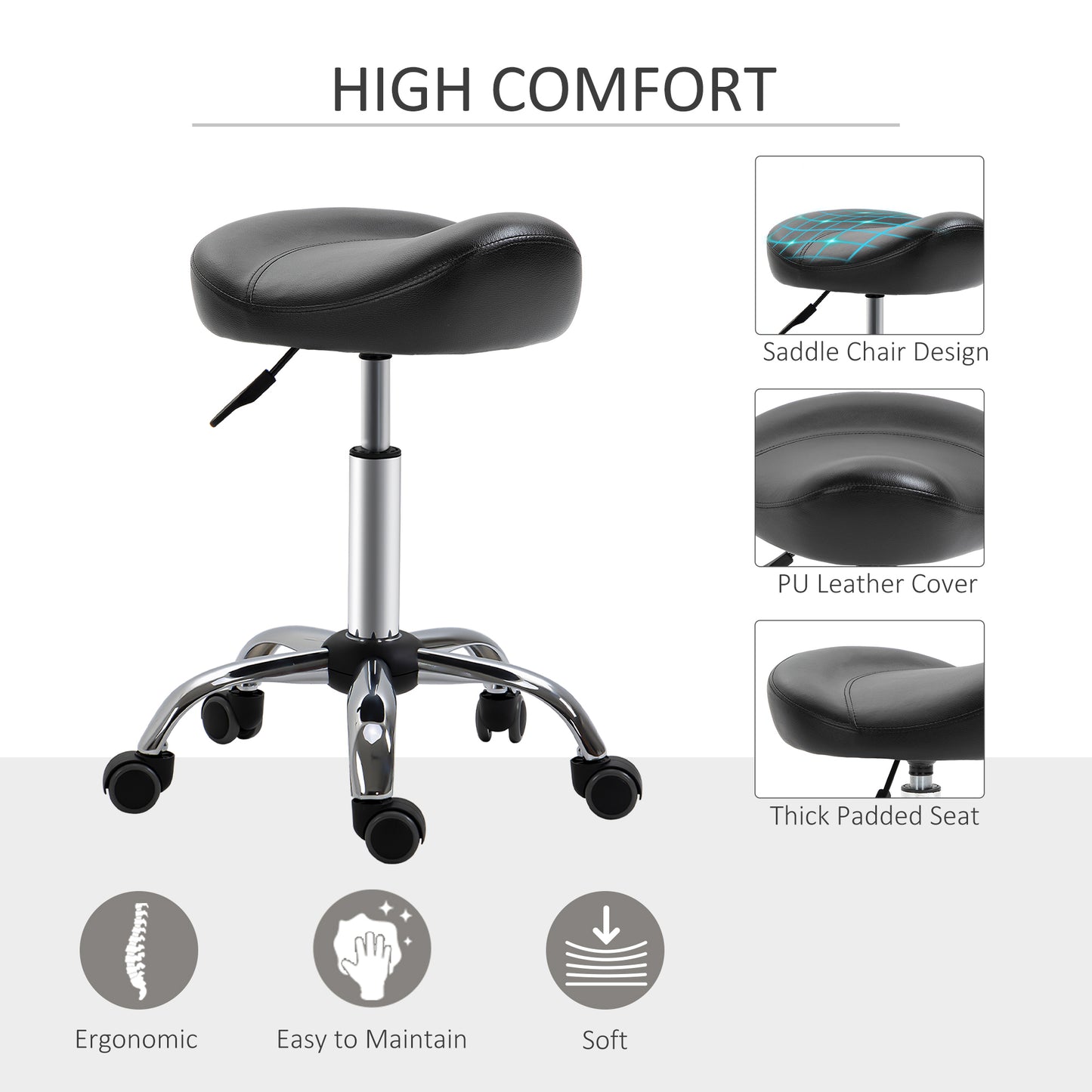 Saddle Stool, Height Adjustable Rolling Salon Chair with PU Leather for Massage, Spa, Clinic, Beauty and Tattoo, Black