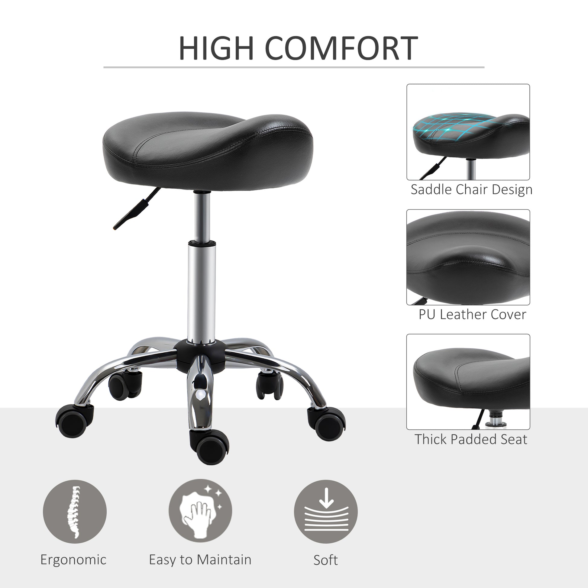 Saddle Stool, Height Adjustable Rolling Salon Chair with PU Leather for Massage, Spa, Clinic, Beauty and Tattoo, Black
