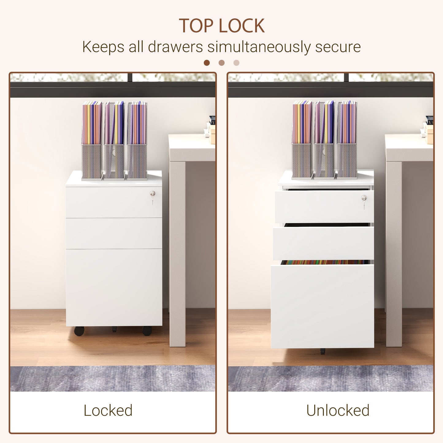 Vertical Steel Filing Cabinet on Wheels, 3-Drawer Lockable File Cabinet with Adjustable Hanging Bar for A4, Legal and Letter Size, for Home Office, White