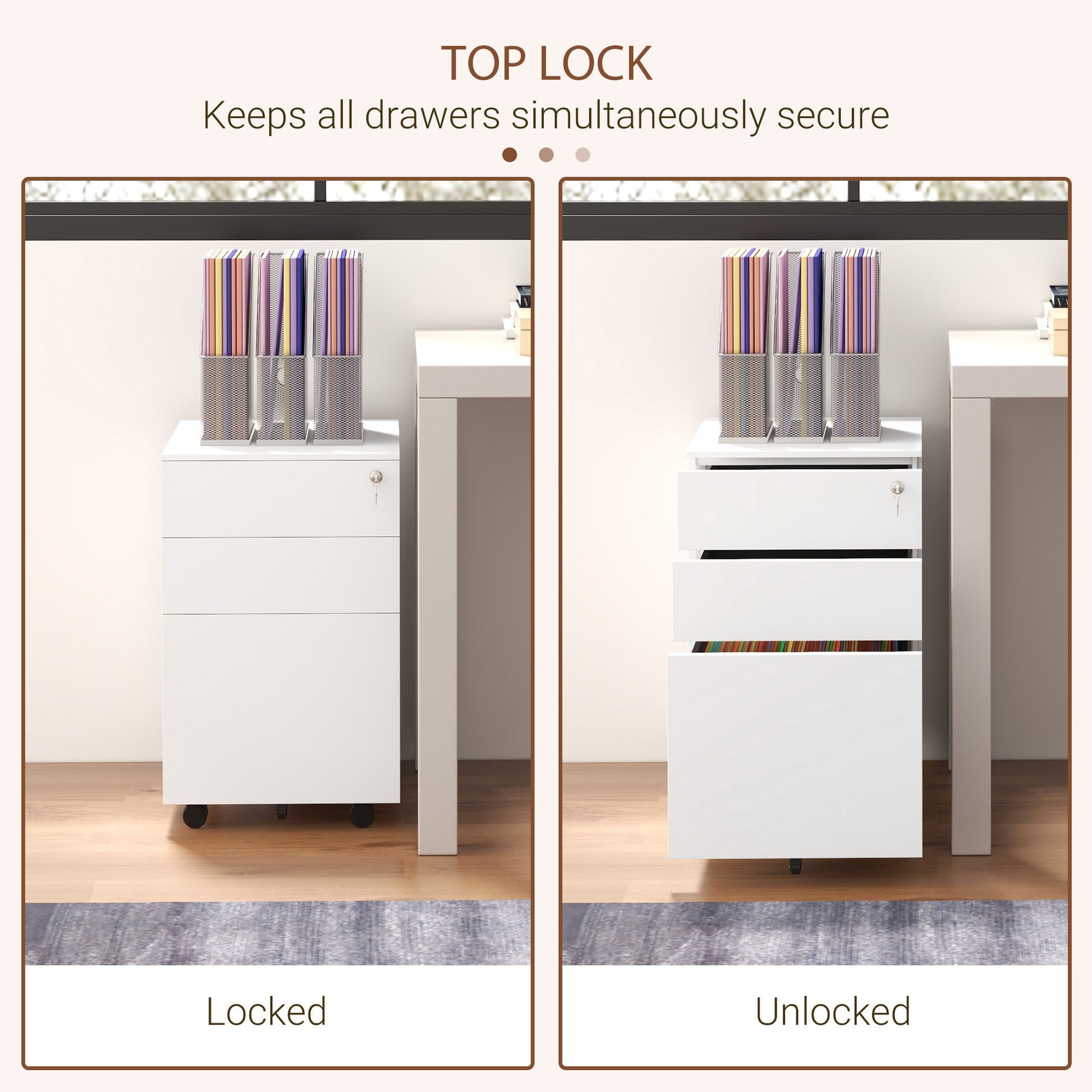 Vertical Steel Filing Cabinet on Wheels, 3-Drawer Lockable File Cabinet with Adjustable Hanging Bar for A4, Legal and Letter Size, for Home Office, White