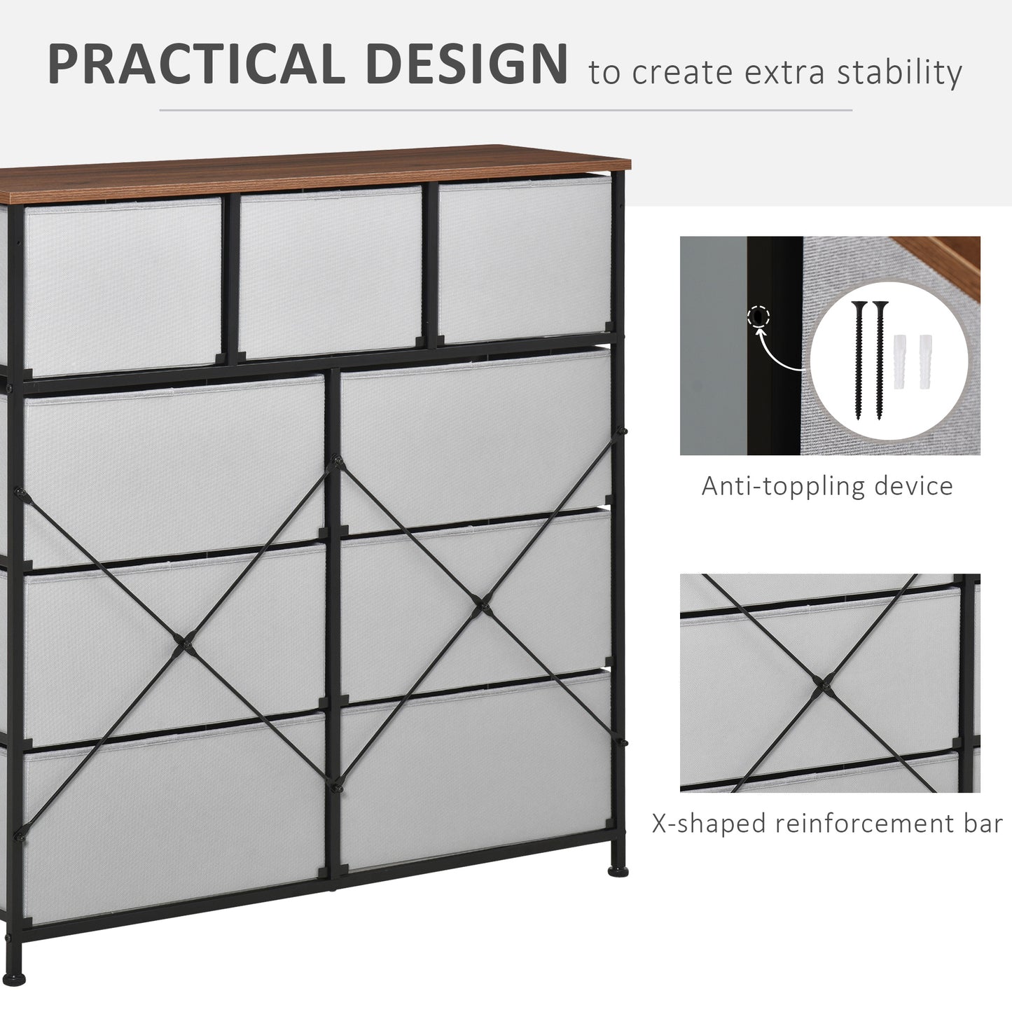 Dresser for Bedroom with 9 Drawers, 4-Tier Fabric Chest of Drawers, Tall Dresser Storage Tower with Steel Frame and Wooden Top for Closets, Nursery Room, Grey
